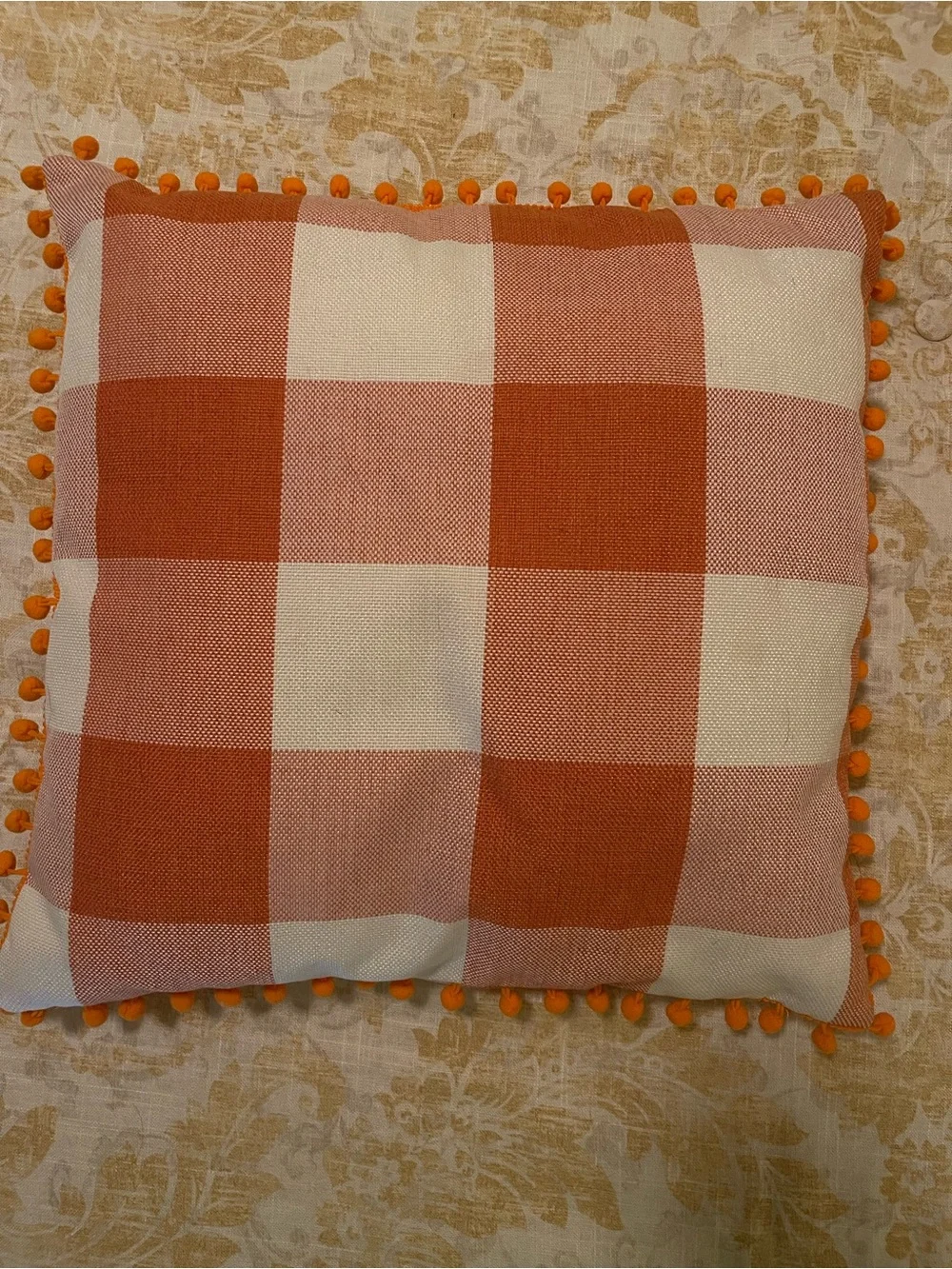 Orange Buffalo Check Decorative Throw Pillows with Pom Trim (x 4)